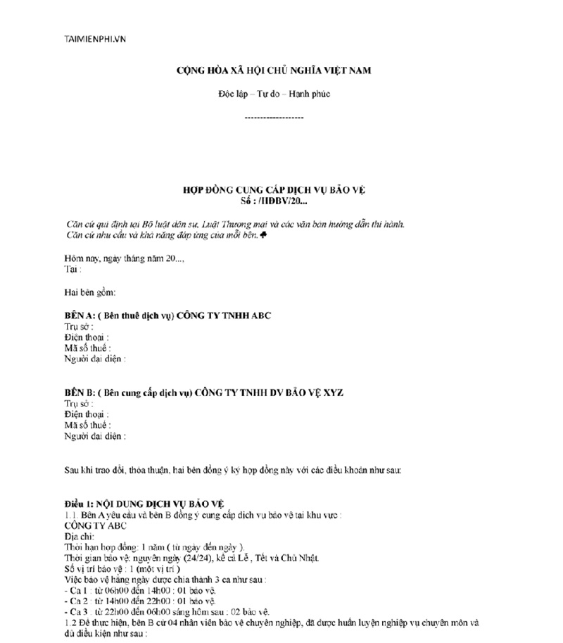 Nội dung chính trong mẫu hợp đồng bảo vệ công ty